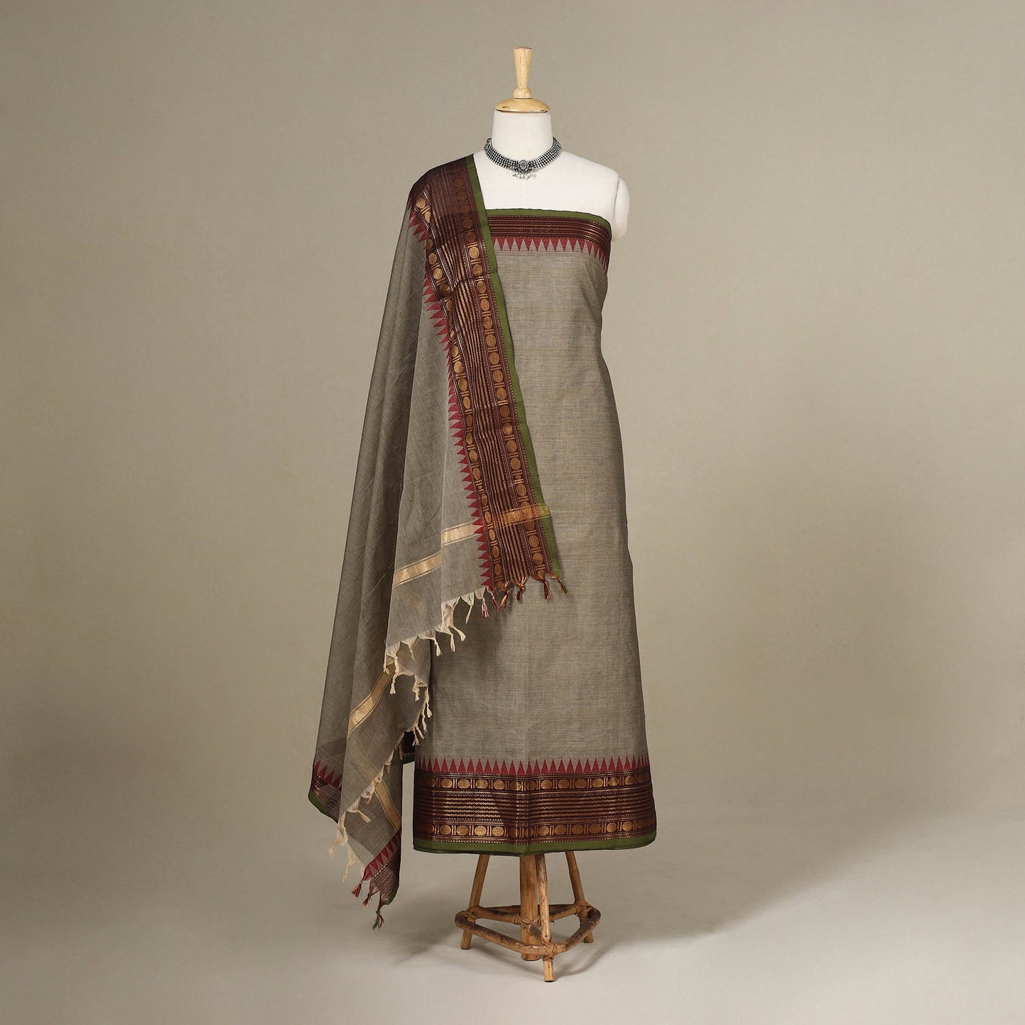 Grey - 2pc unstitched kandangi chettinad cotton dress