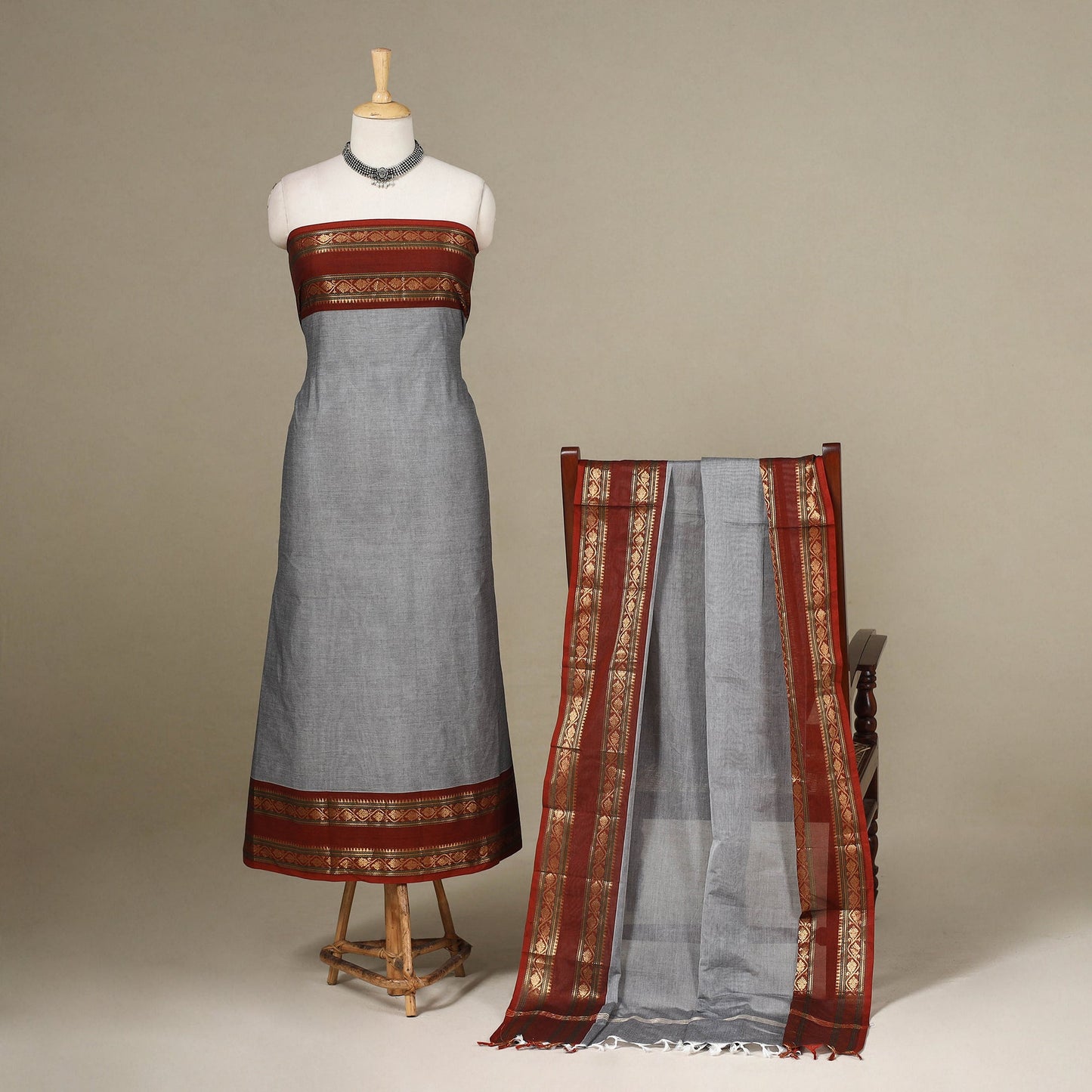 Grey - 2pc unstitched kandangi chettinad cotton dress