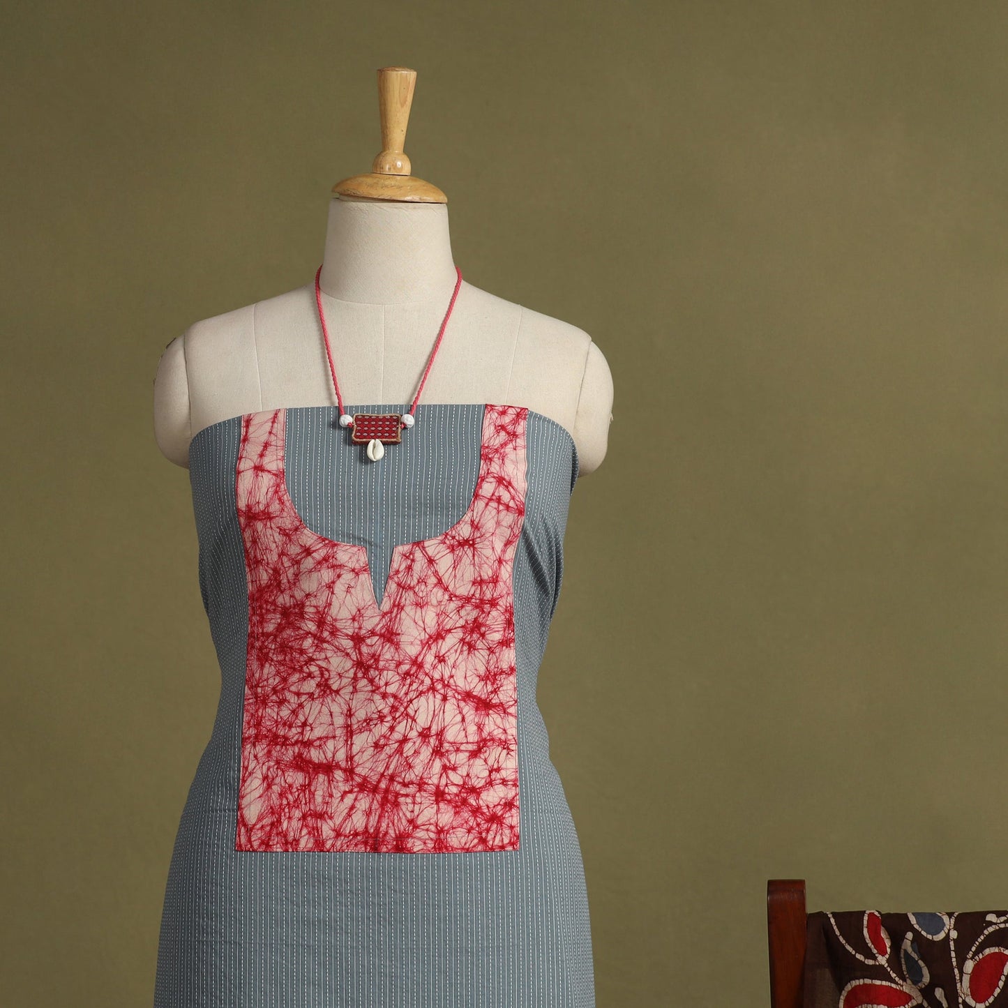 Grey - 2pc unstitched plain dress material with jewellery