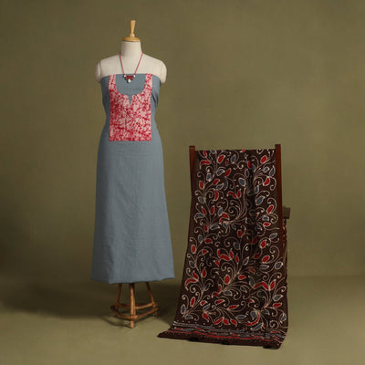 Grey - 2pc unstitched plain dress material with jewellery