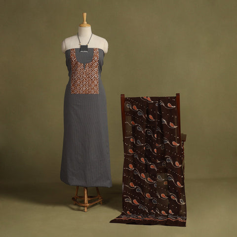 Grey 2pc Unstitched Plain Dress Material with Jewellery Set