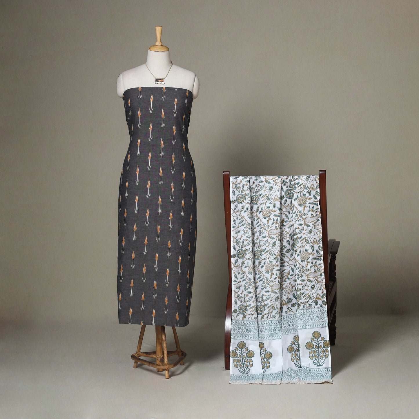 Grey - 2pc unstitched pochampally ikat dress material