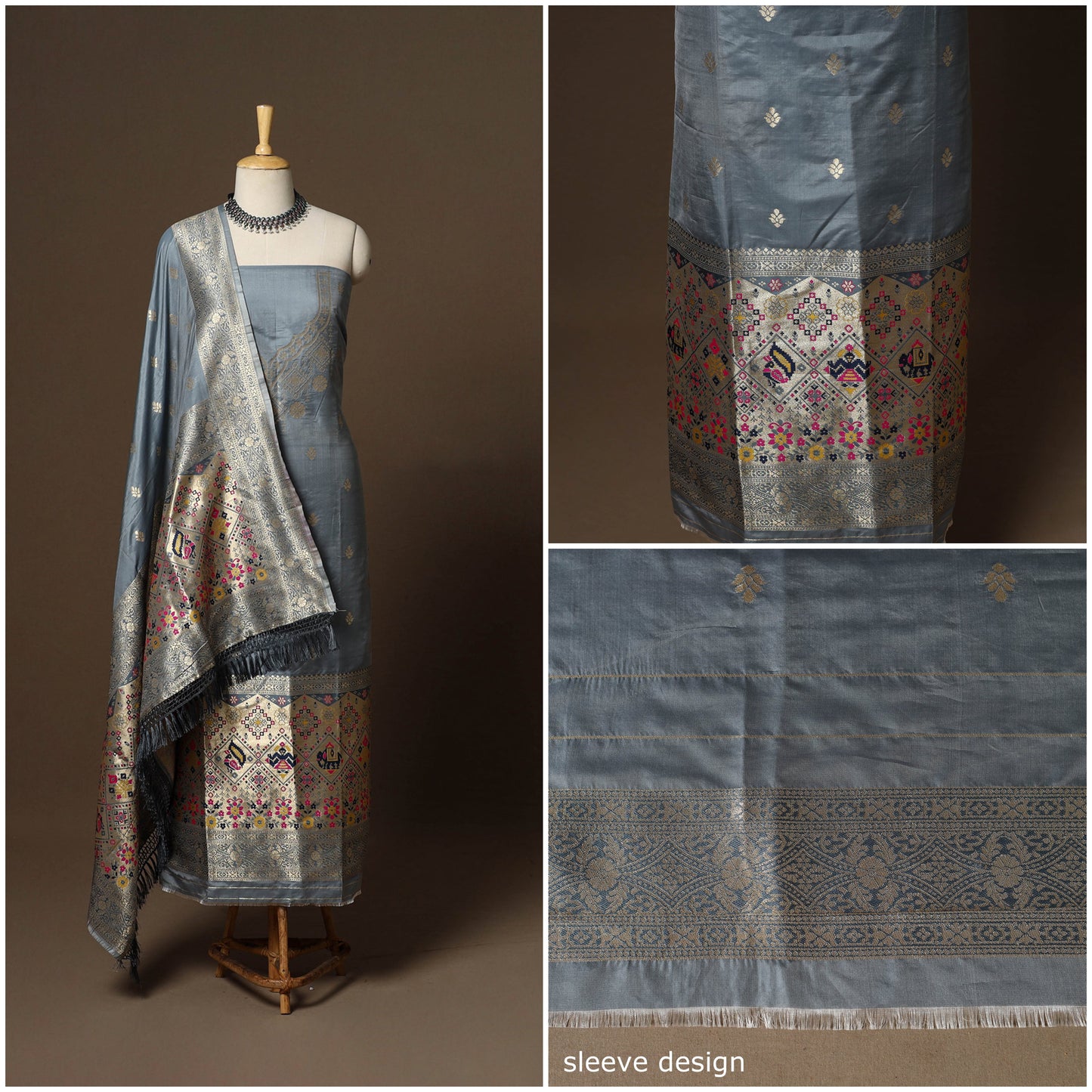 Grey - 3pc bangalore silk paithani dress material 02