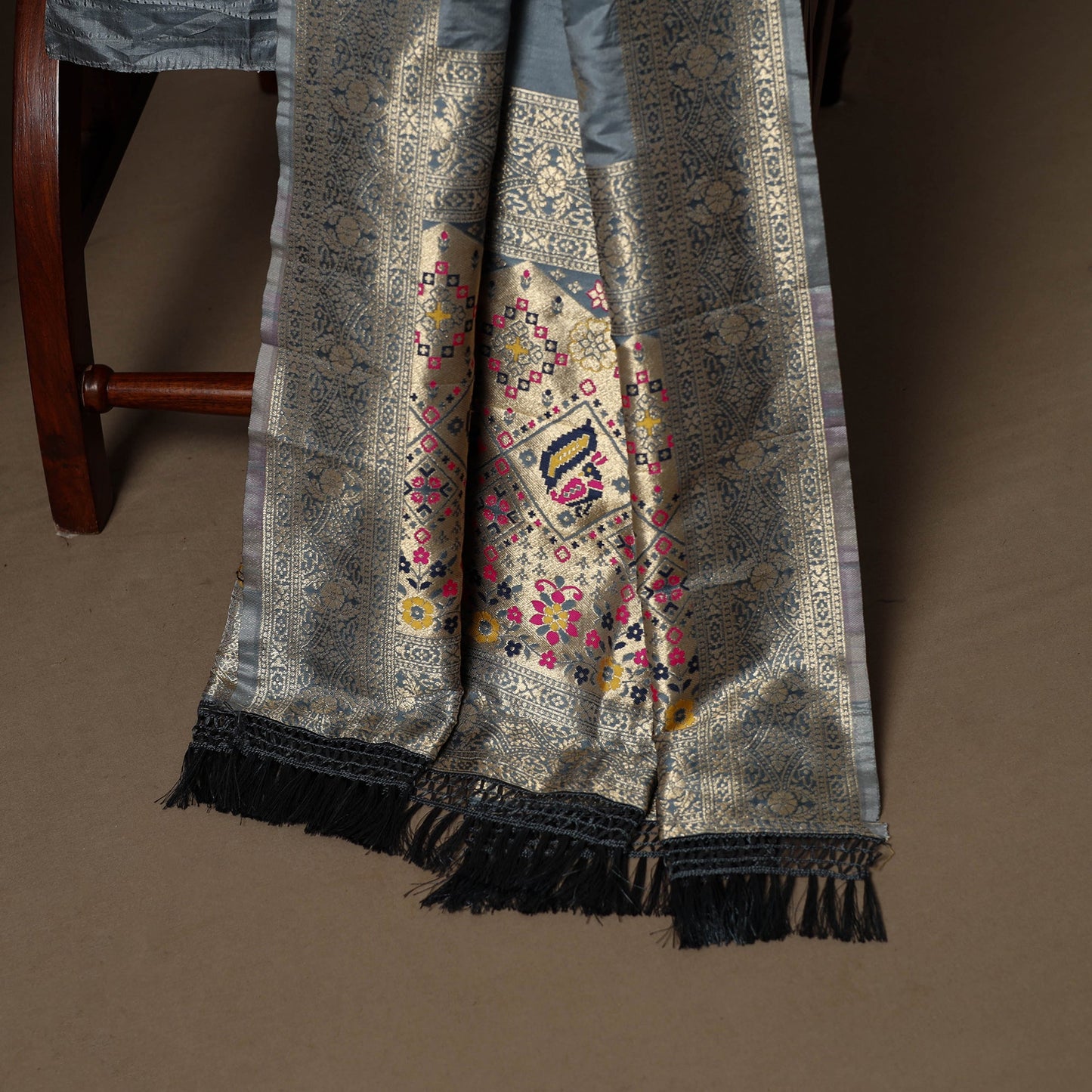 Grey - 3pc bangalore silk paithani dress material 02