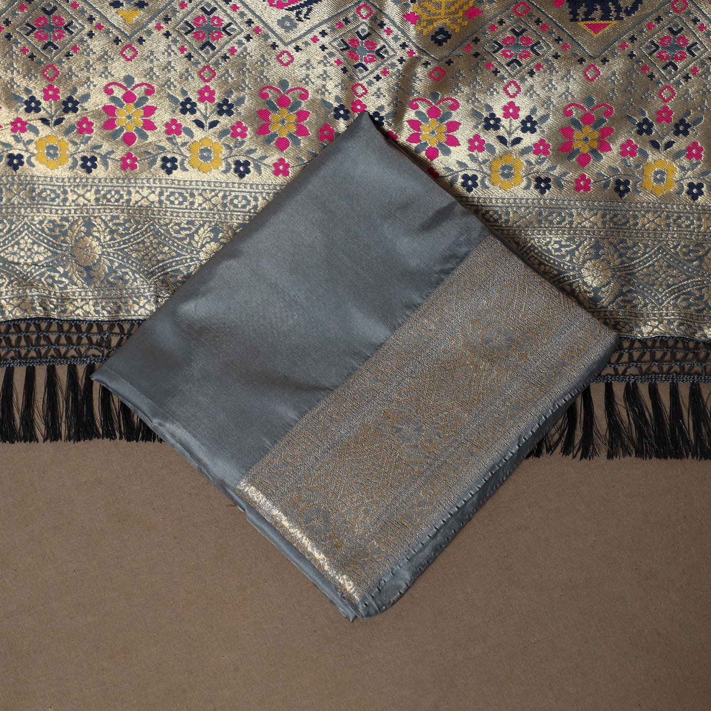 Grey - 3pc bangalore silk paithani dress material 02