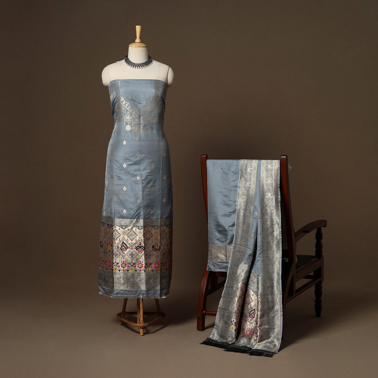 Grey - 3pc bangalore silk paithani dress material 02