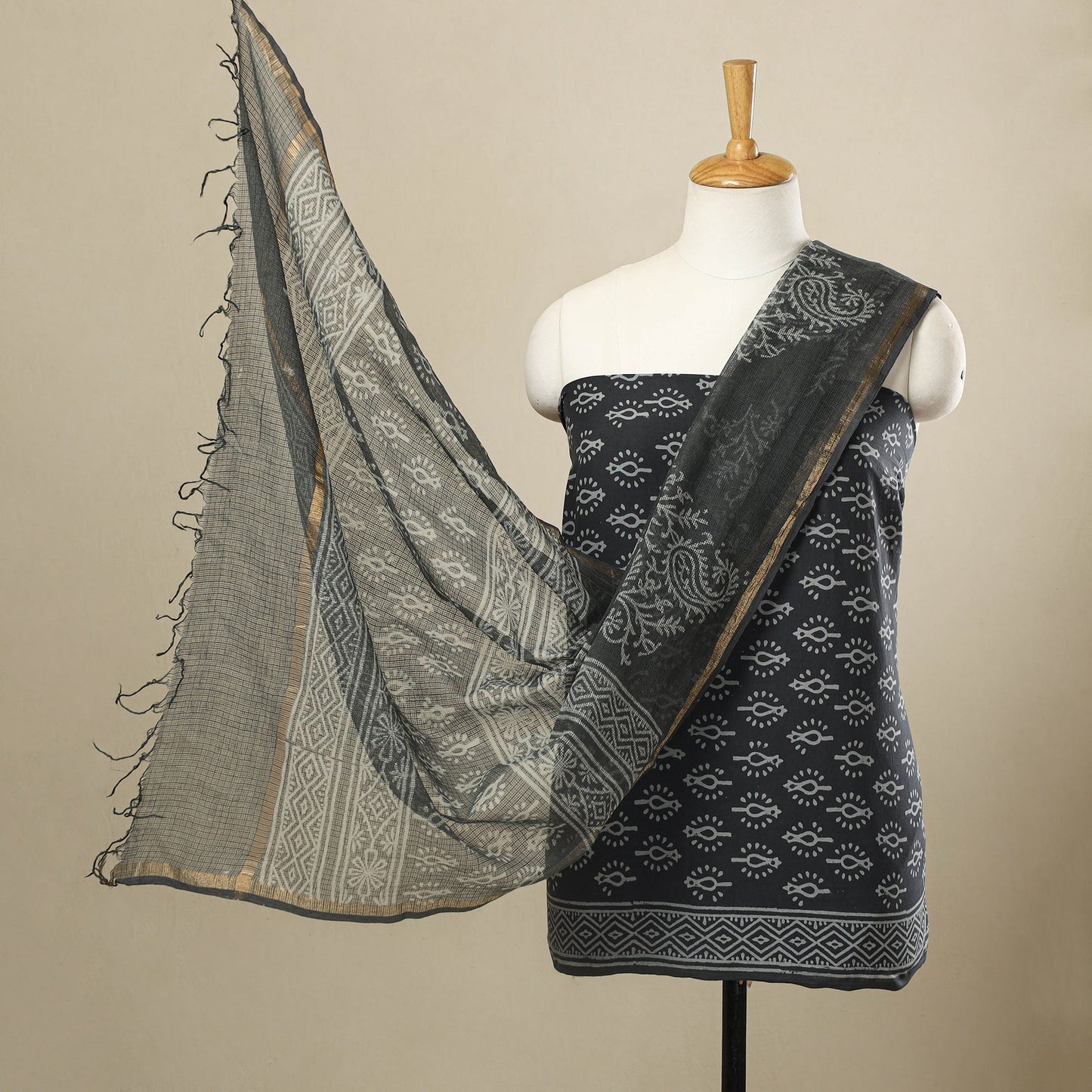Buy 3pc Cotton Grey Jaipur Print Dress Material