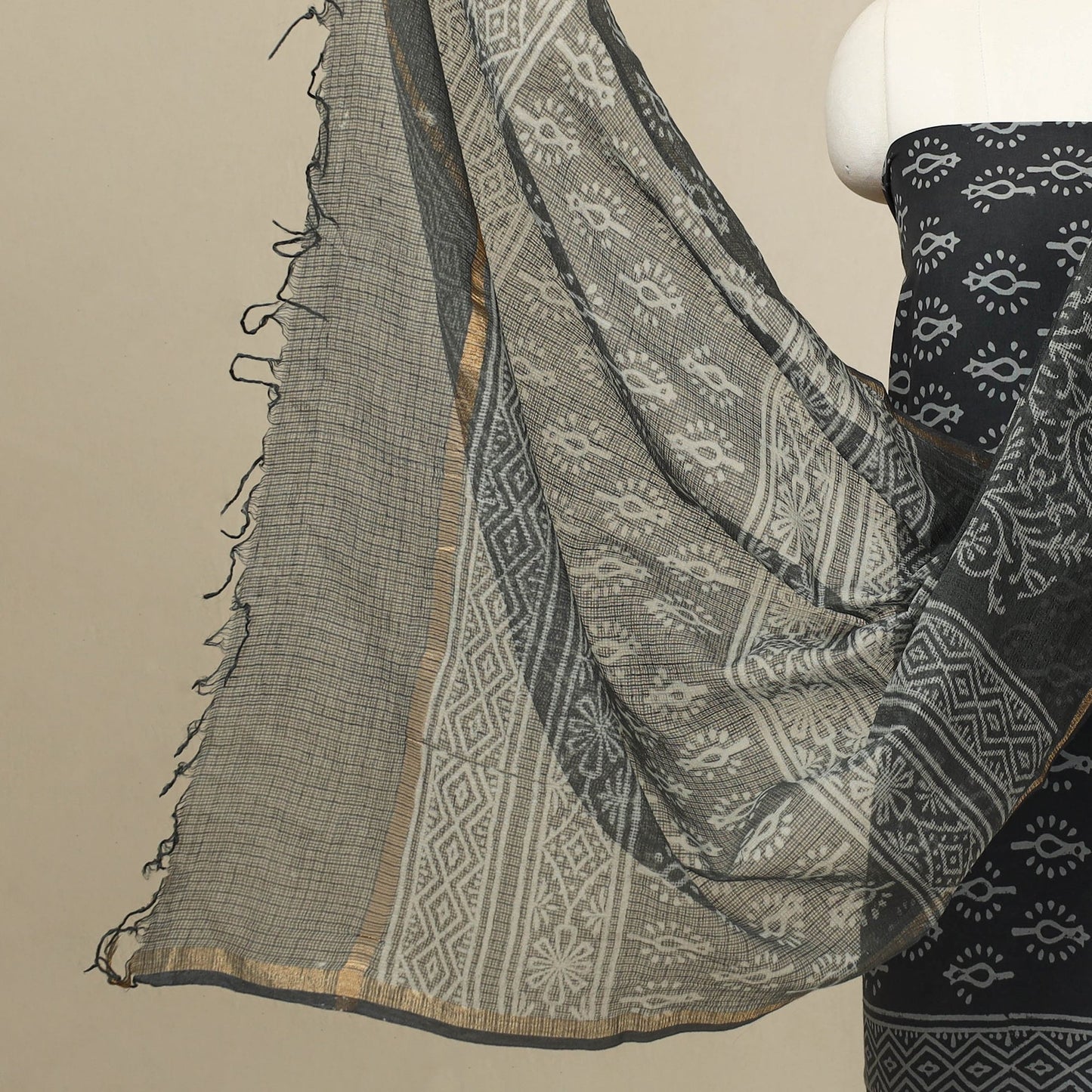 Buy 3pc Cotton Grey Jaipur Print Dress Material