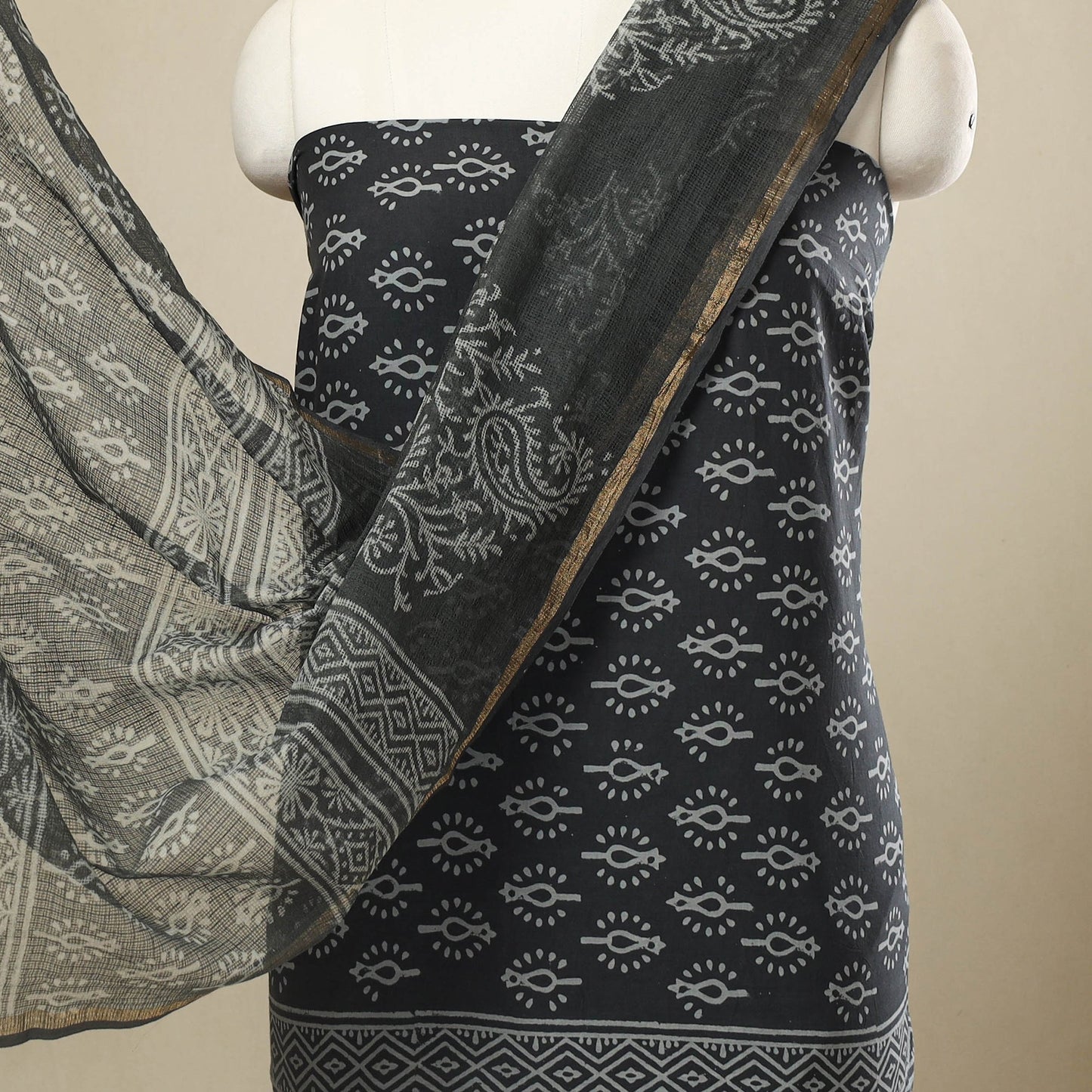 Buy 3pc Cotton Grey Jaipur Print Dress Material