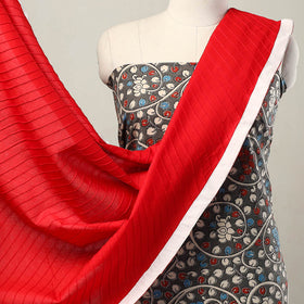 Grey 3pc Cotton Kalamkari Print Kurta with Plain Dupatta