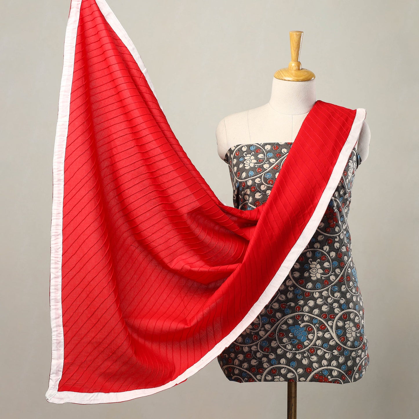 Grey 3pc Cotton Kalamkari Print Kurta with Plain Dupatta