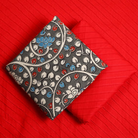 Grey 3pc Cotton Kalamkari Print Kurta with Plain Dupatta