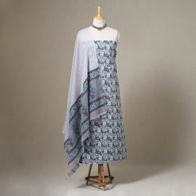 Grey 3pc Block Print Cotton Sanganeri Dress Material