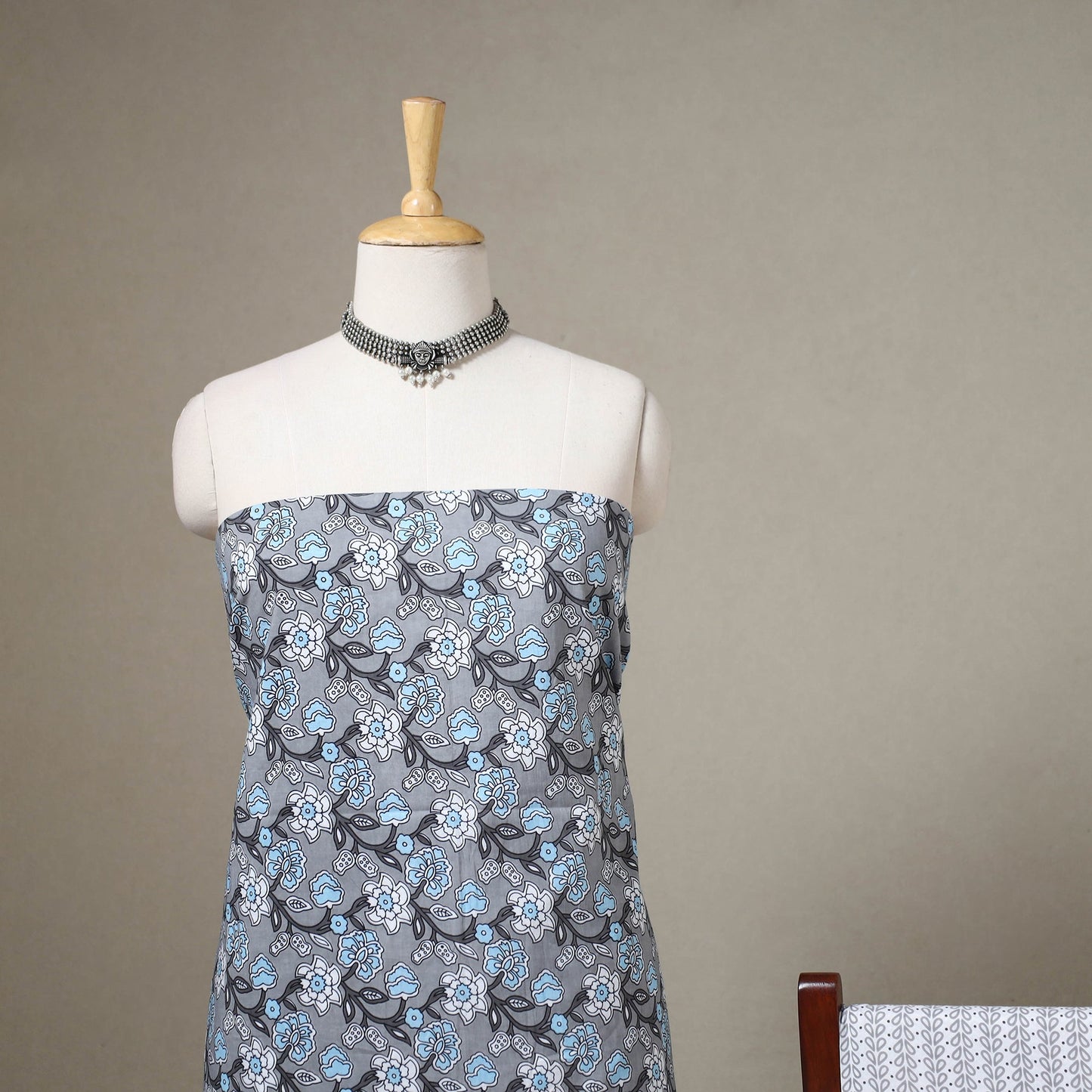 Grey 3pc Block Print Cotton Sanganeri Dress Material