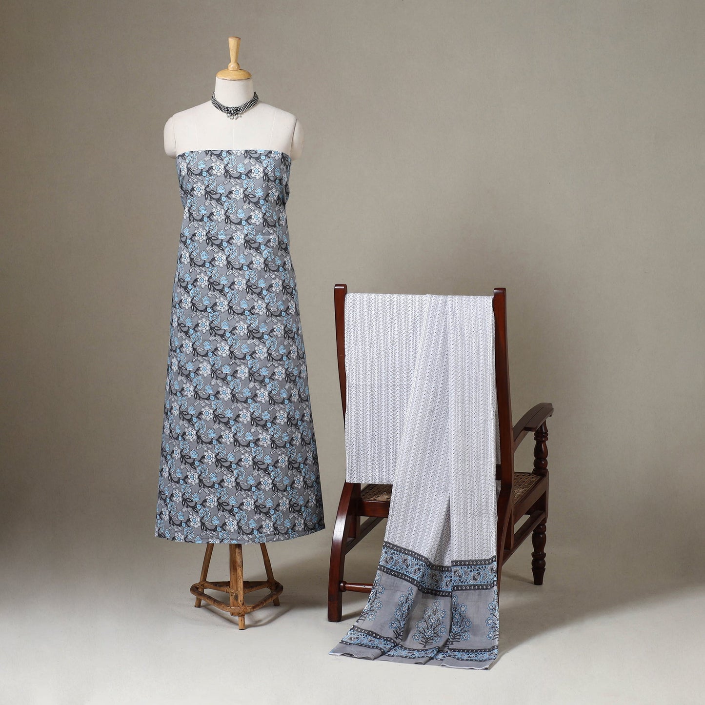 Grey 3pc Block Print Cotton Sanganeri Dress Material
