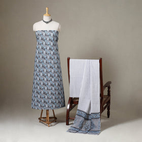 Grey 3pc Block Print Cotton Sanganeri Dress Material