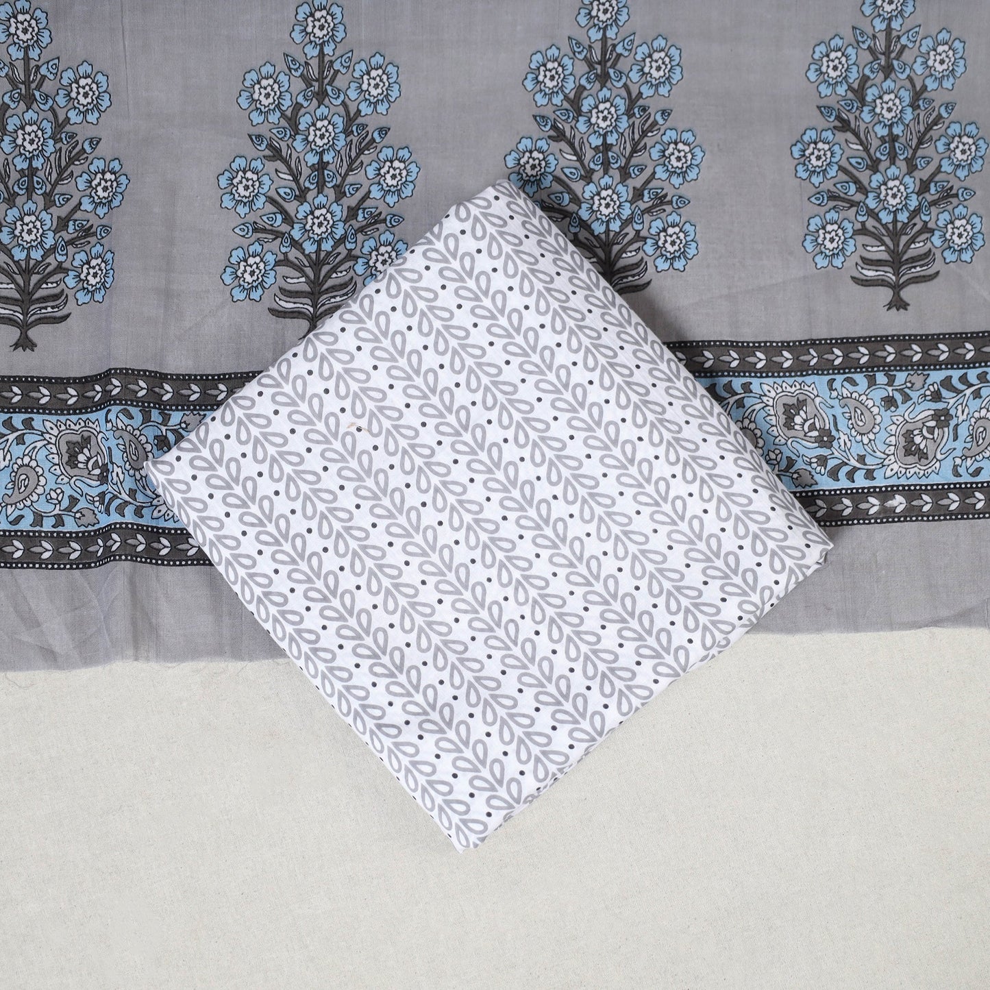Grey 3pc Block Print Cotton Sanganeri Dress Material