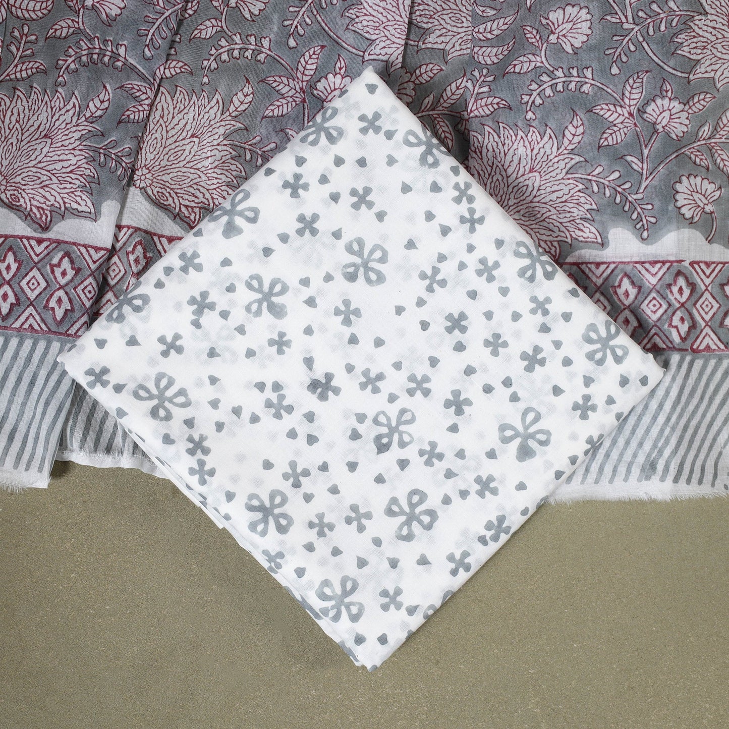 Grey 3pc Block Print Cotton Sanganeri Dress Material
