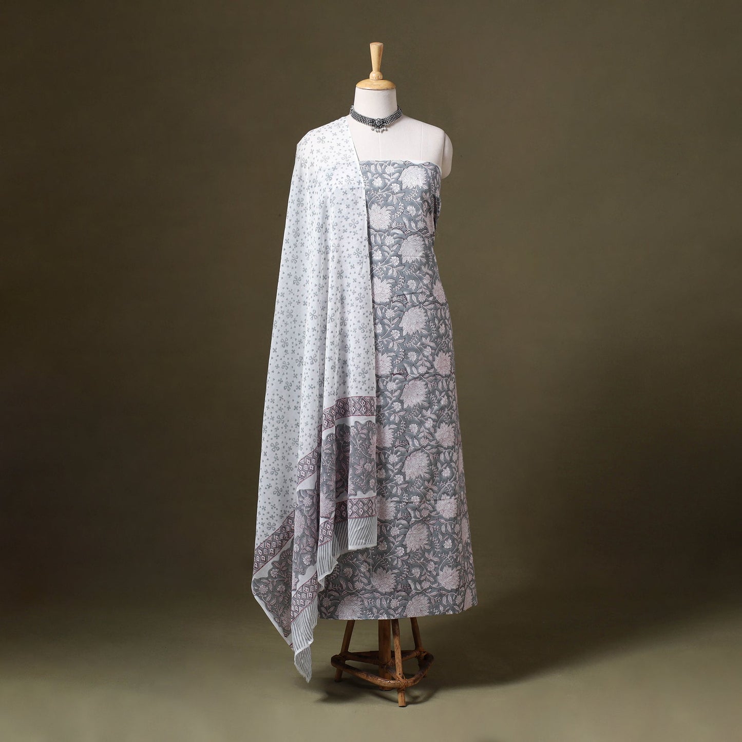 Grey 3pc Block Print Cotton Sanganeri Dress Material