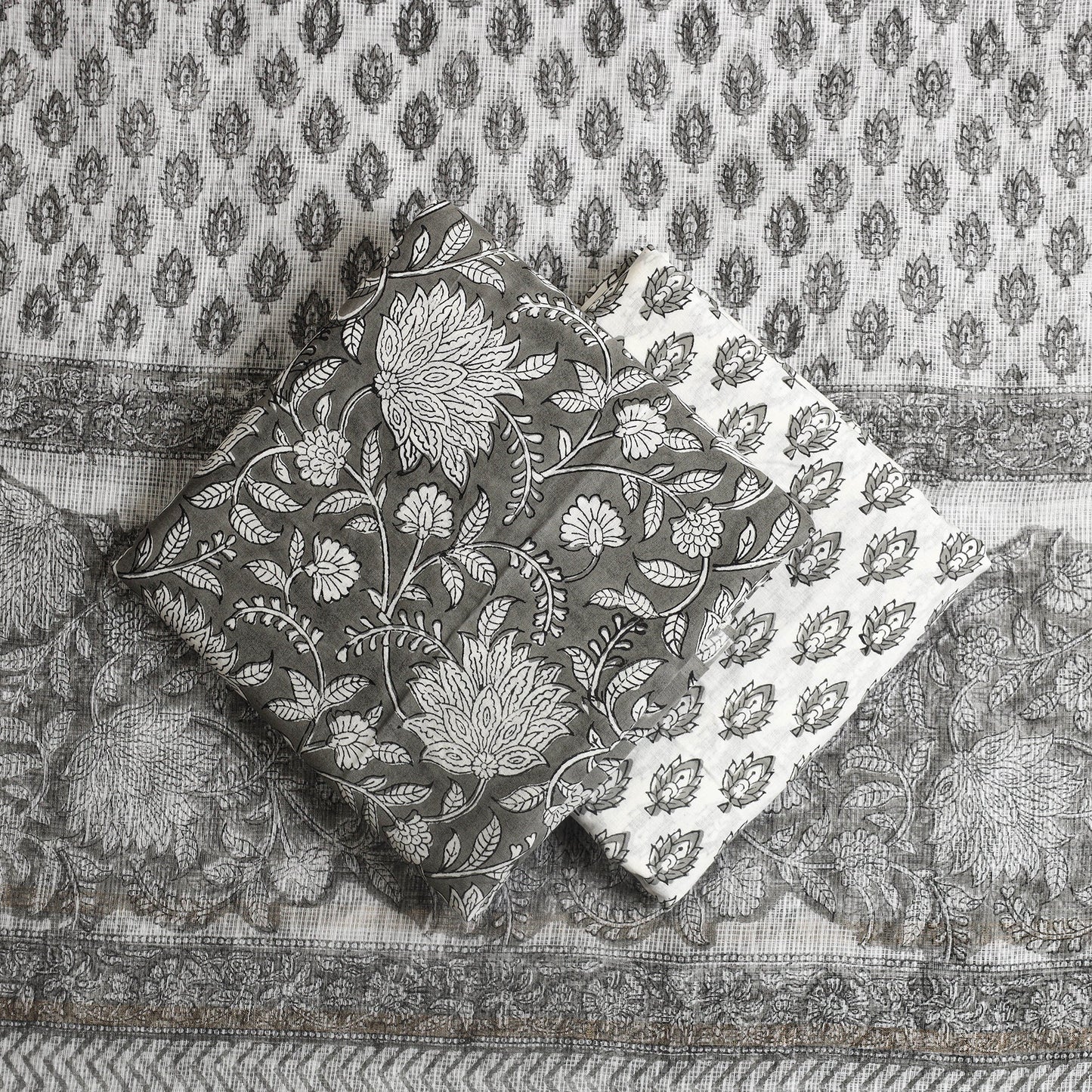 Buy 3pc Cotton Grey Sanganeri Print Dress Material