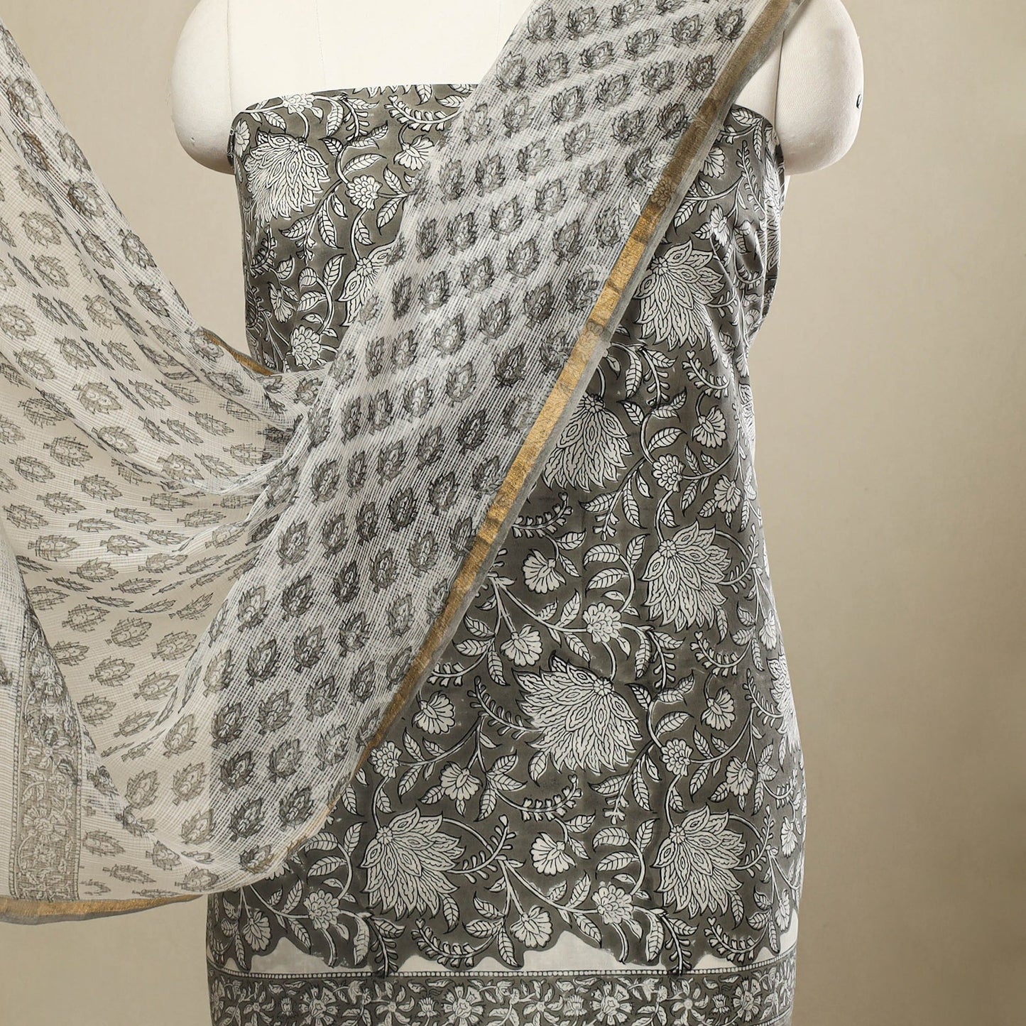 Buy 3pc Cotton Grey Sanganeri Print Dress Material