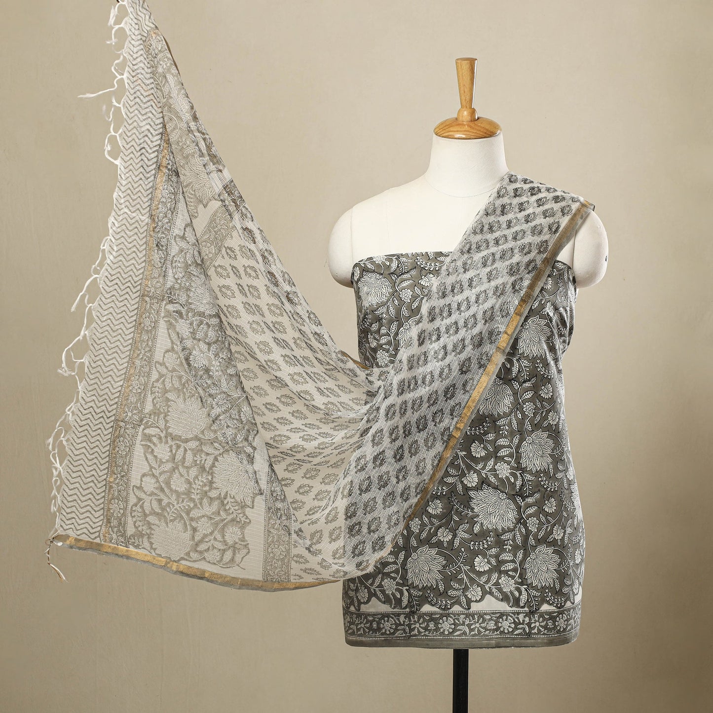 Buy 3pc Cotton Grey Sanganeri Print Dress Material