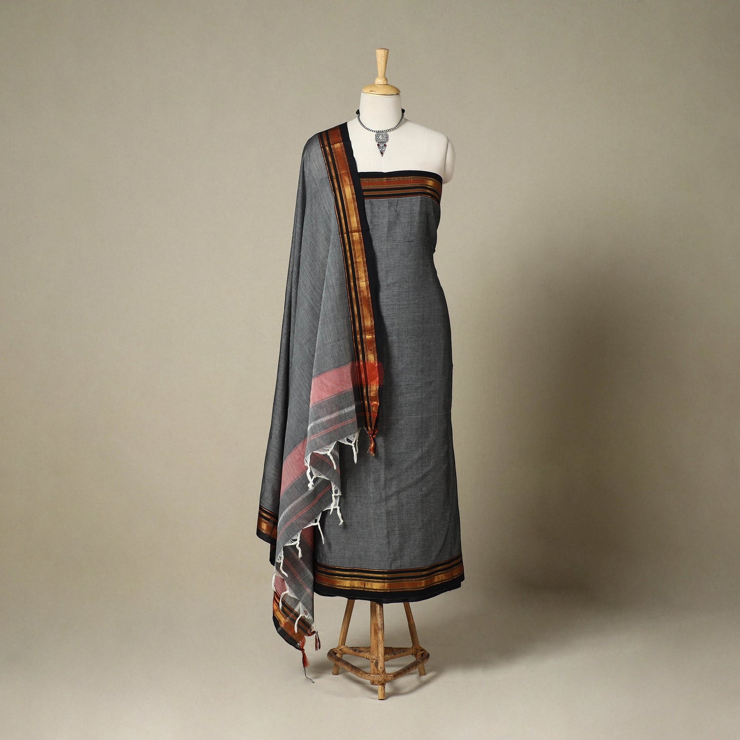 Grey 3pc Cotton Unstitched Dharwad Dress Material