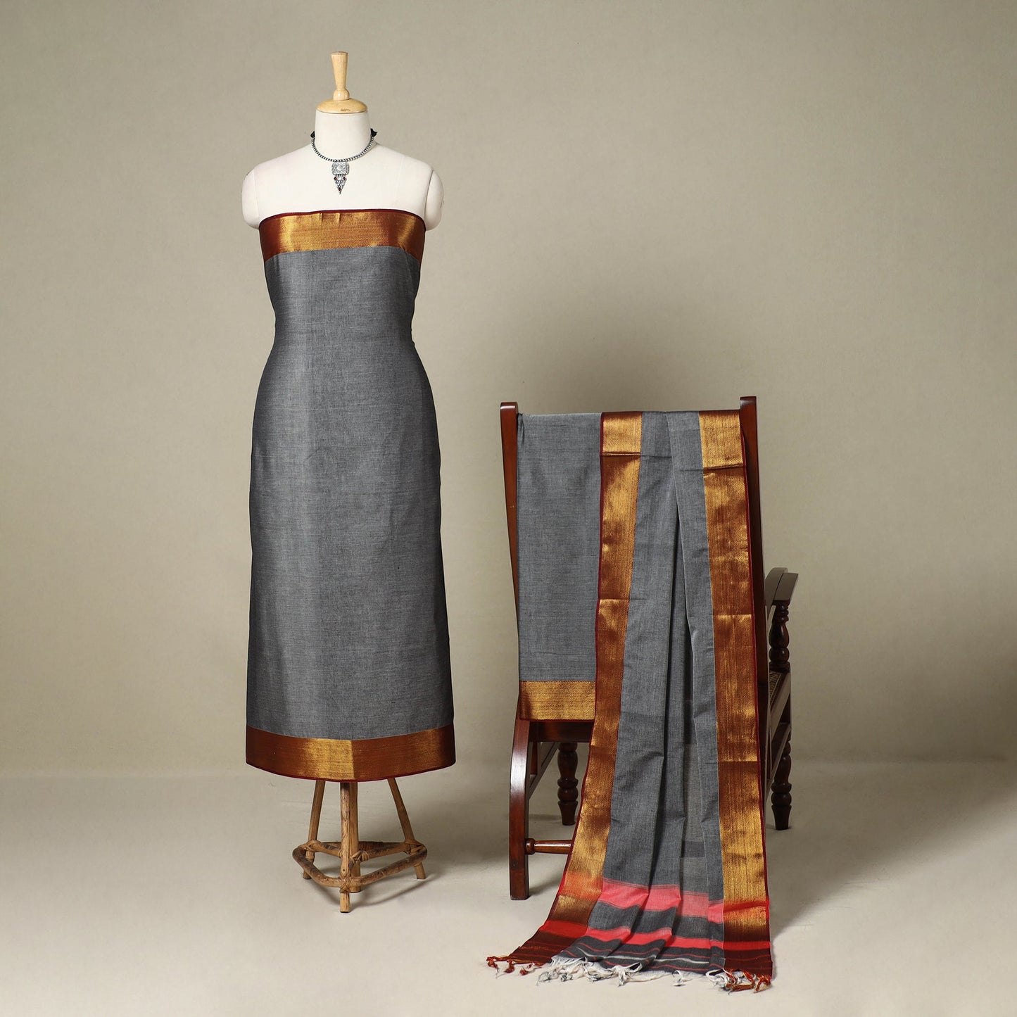 Grey 3pc Cotton Unstitched Dharwad Dress Material