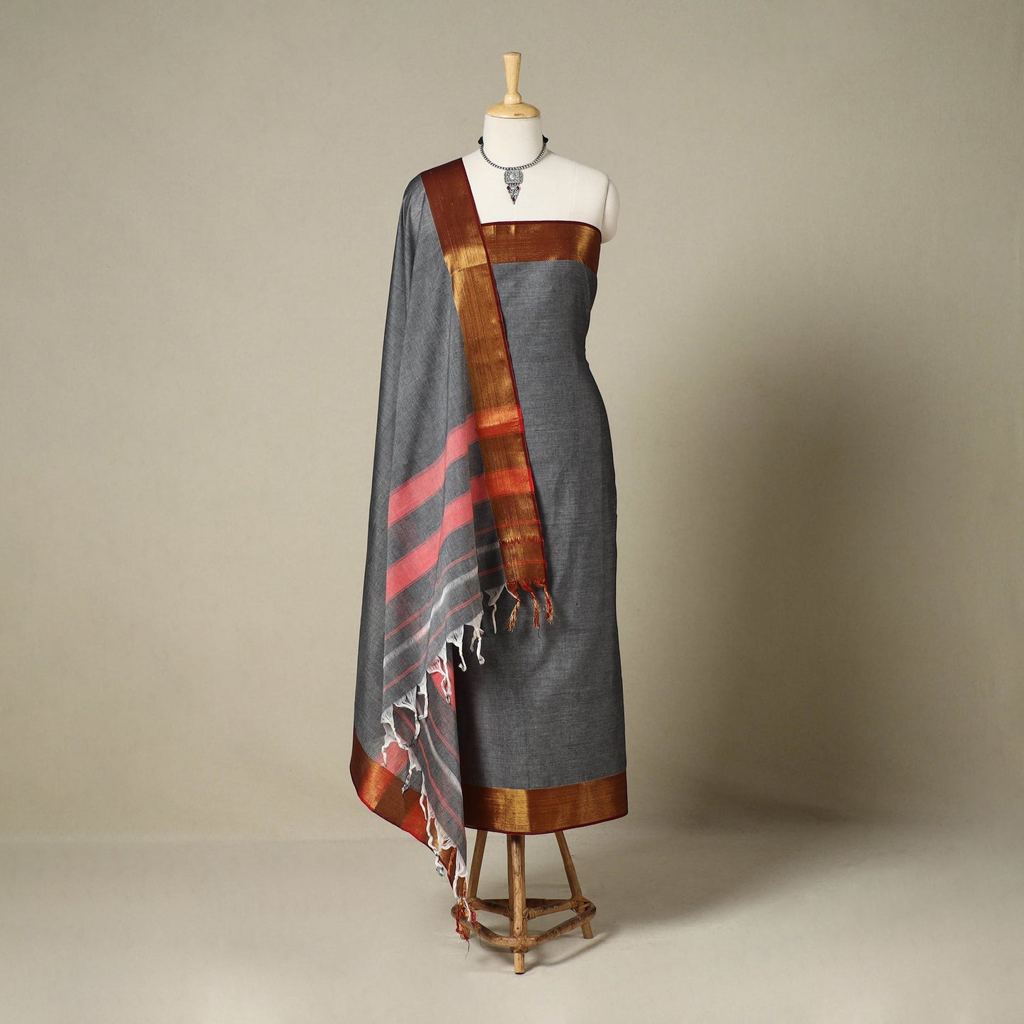 Grey 3pc Cotton Unstitched Dharwad Dress Material