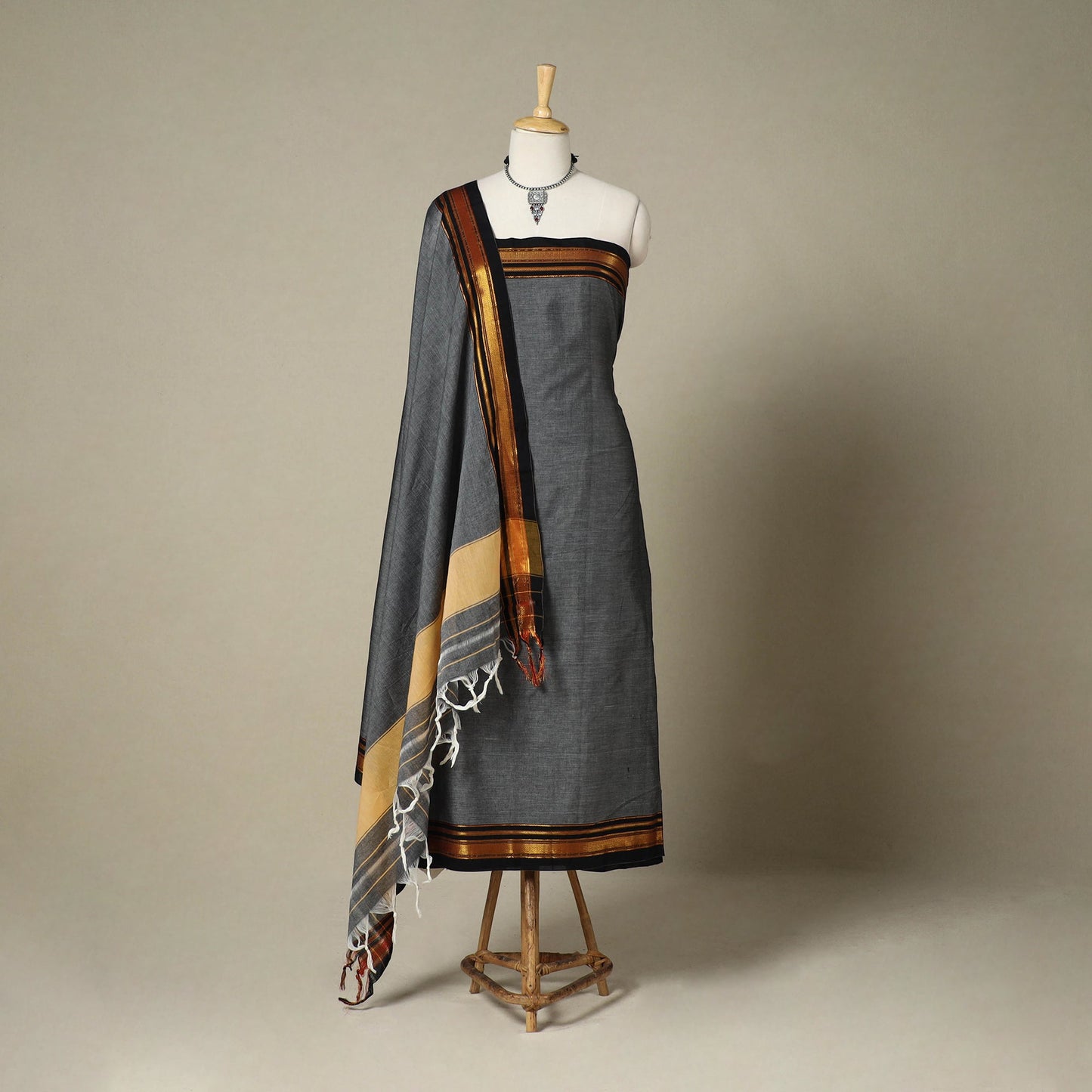 Grey 3pc Cotton Unstitched Dharwad Dress Material