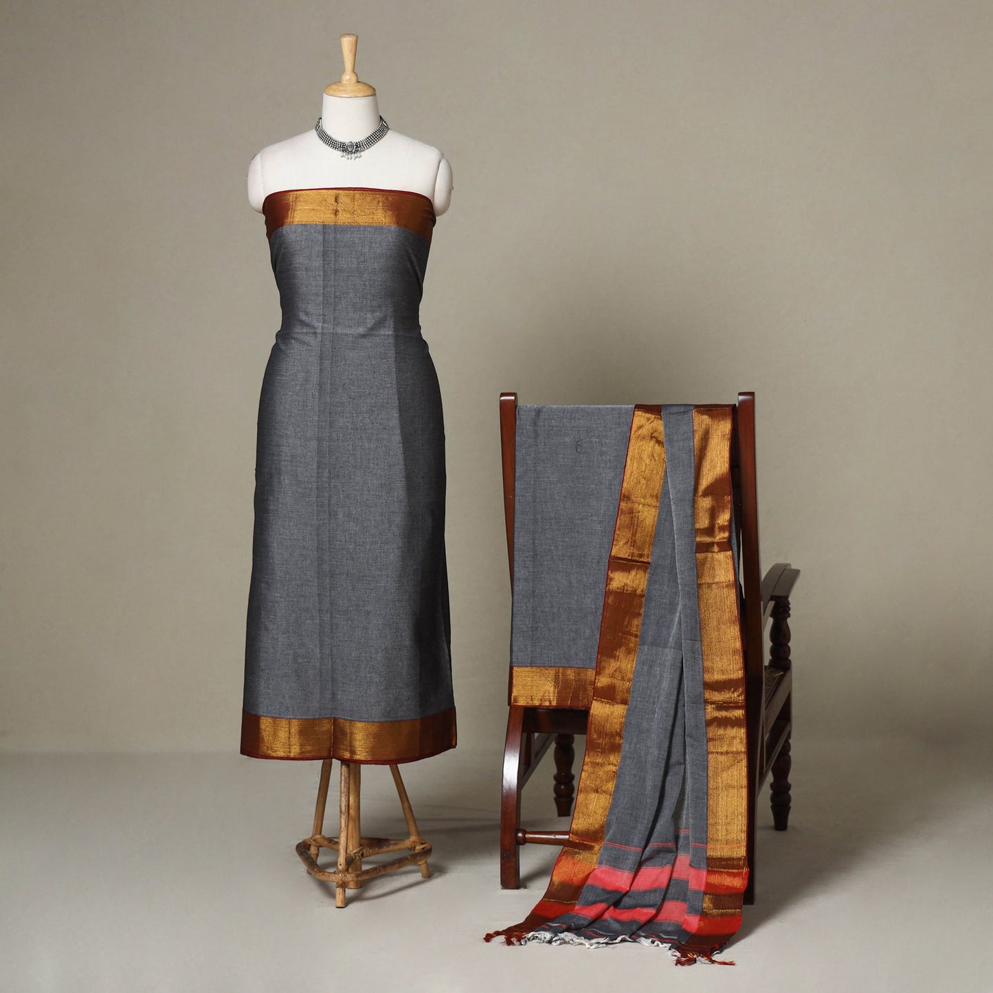 Grey - 3pc cotton unstitched dharwad dress material 12