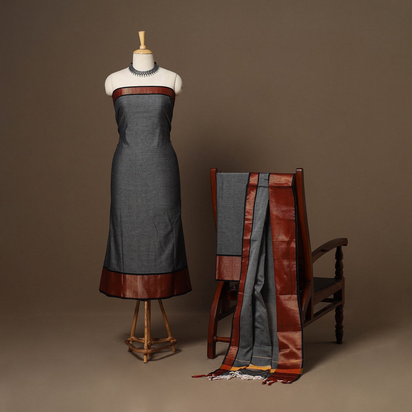 Grey - 3pc cotton unstitched dharwad dress material