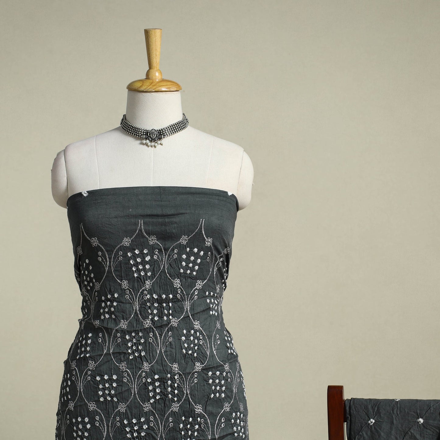 Grey 3pc Embroidered Unstitched Kutch Bandhani Dress Material