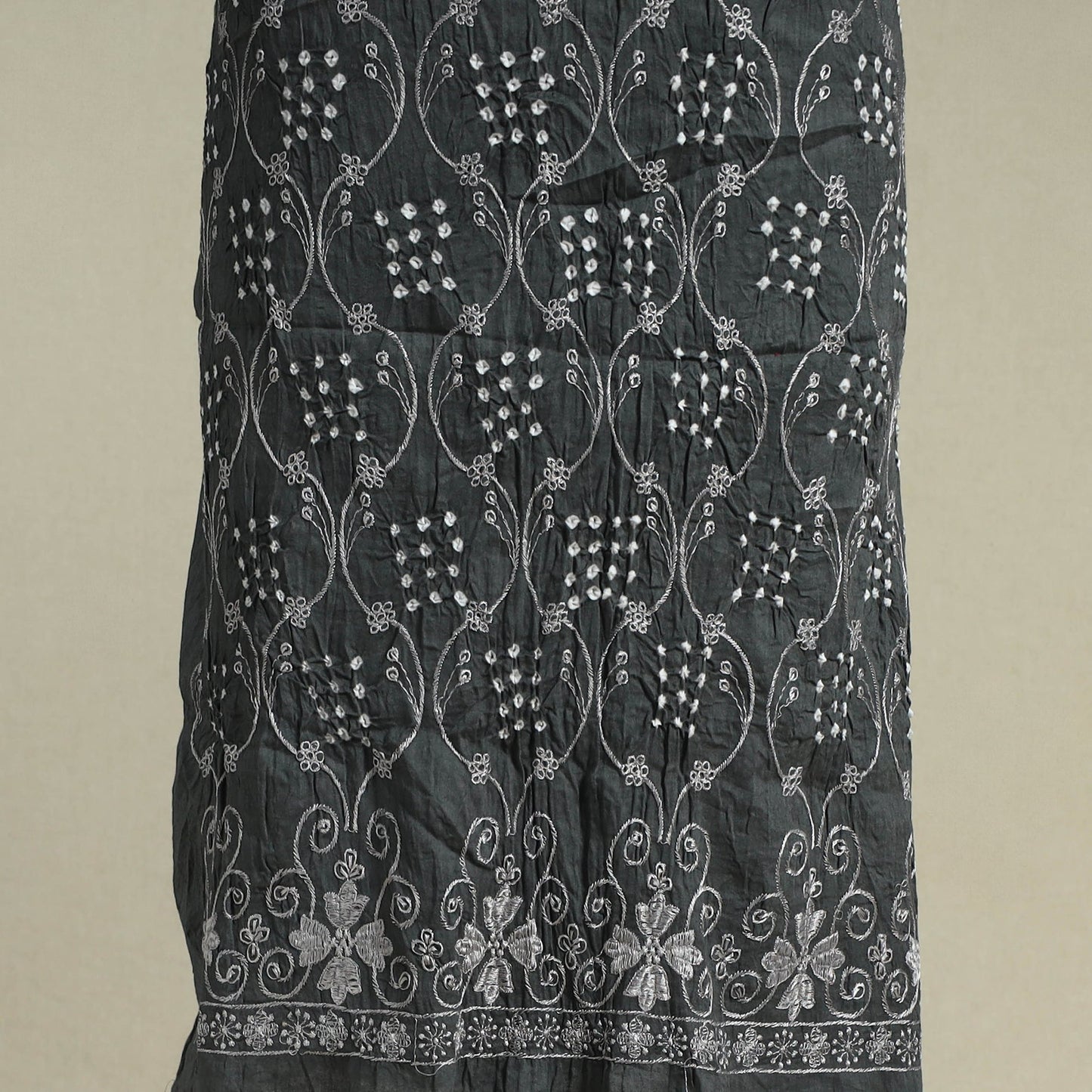 Grey 3pc Embroidered Unstitched Kutch Bandhani Dress Material