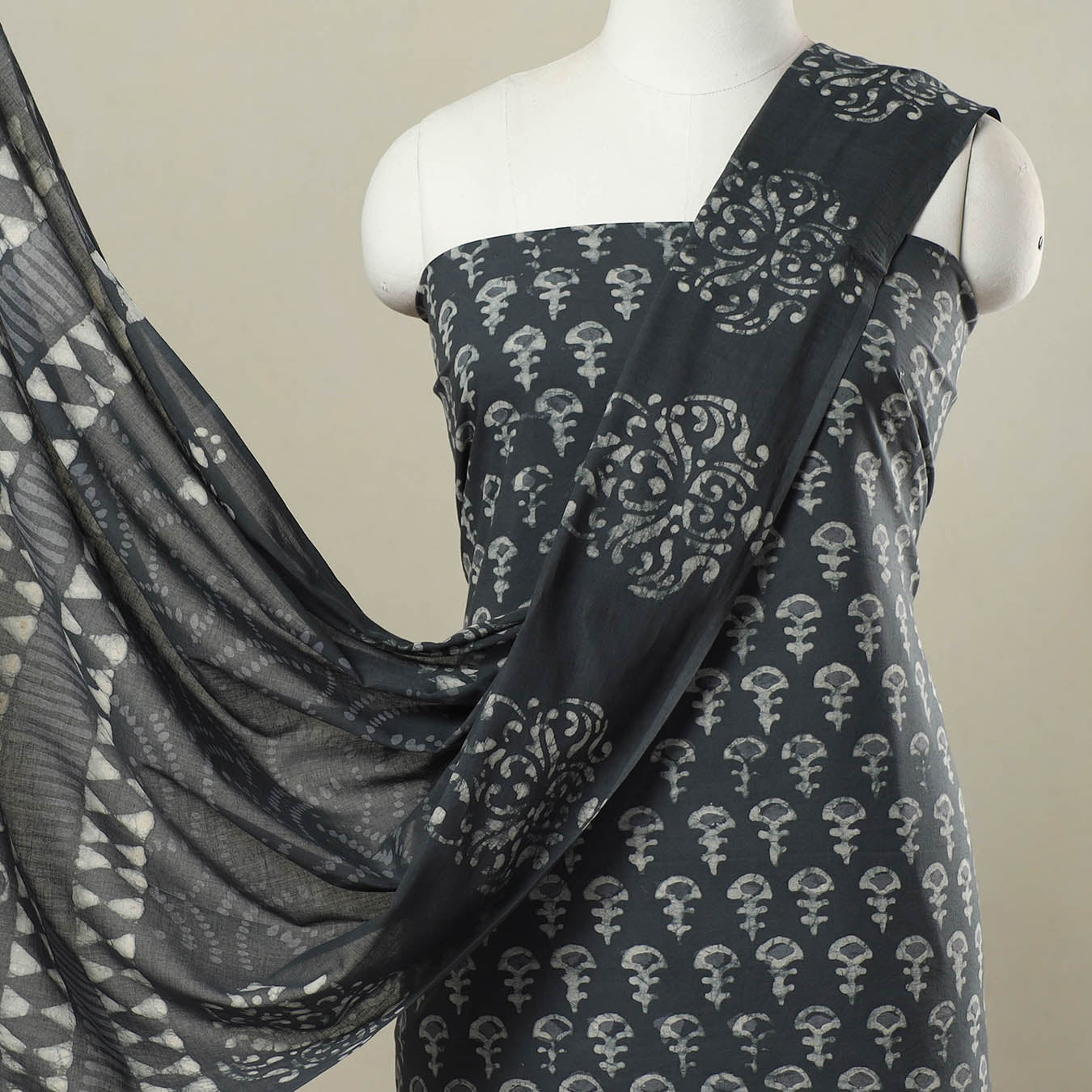  Grey 3pc Hand Batik Print Cotton Dress Material