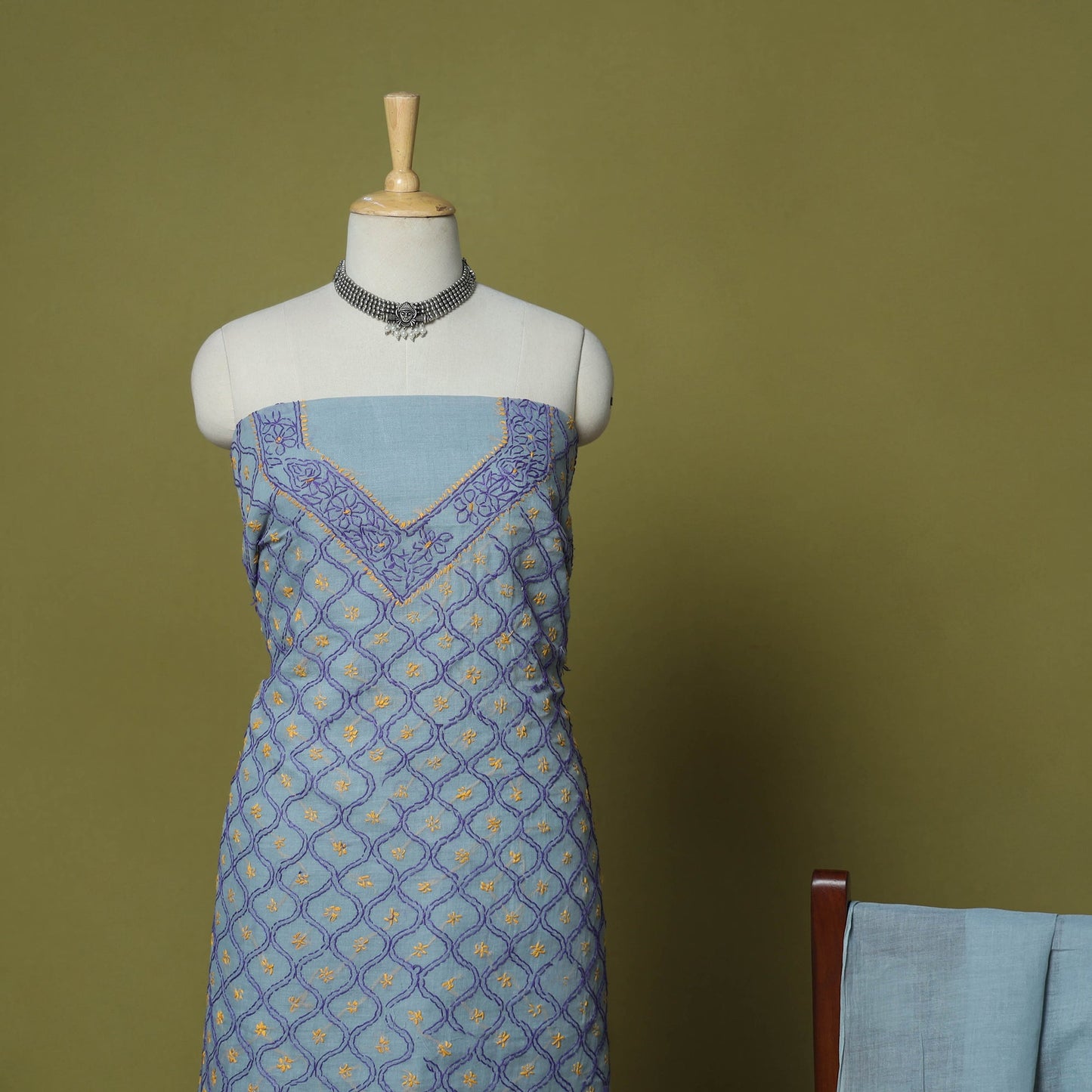 Grey - 3pc hand embroidery cotton lucknow chikankari dress