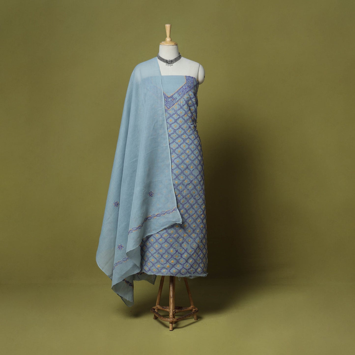 Grey - 3pc hand embroidery cotton lucknow chikankari dress