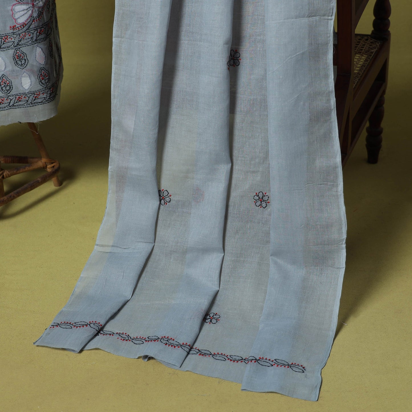 Grey - 3pc hand embroidery cotton lucknow chikankari dress