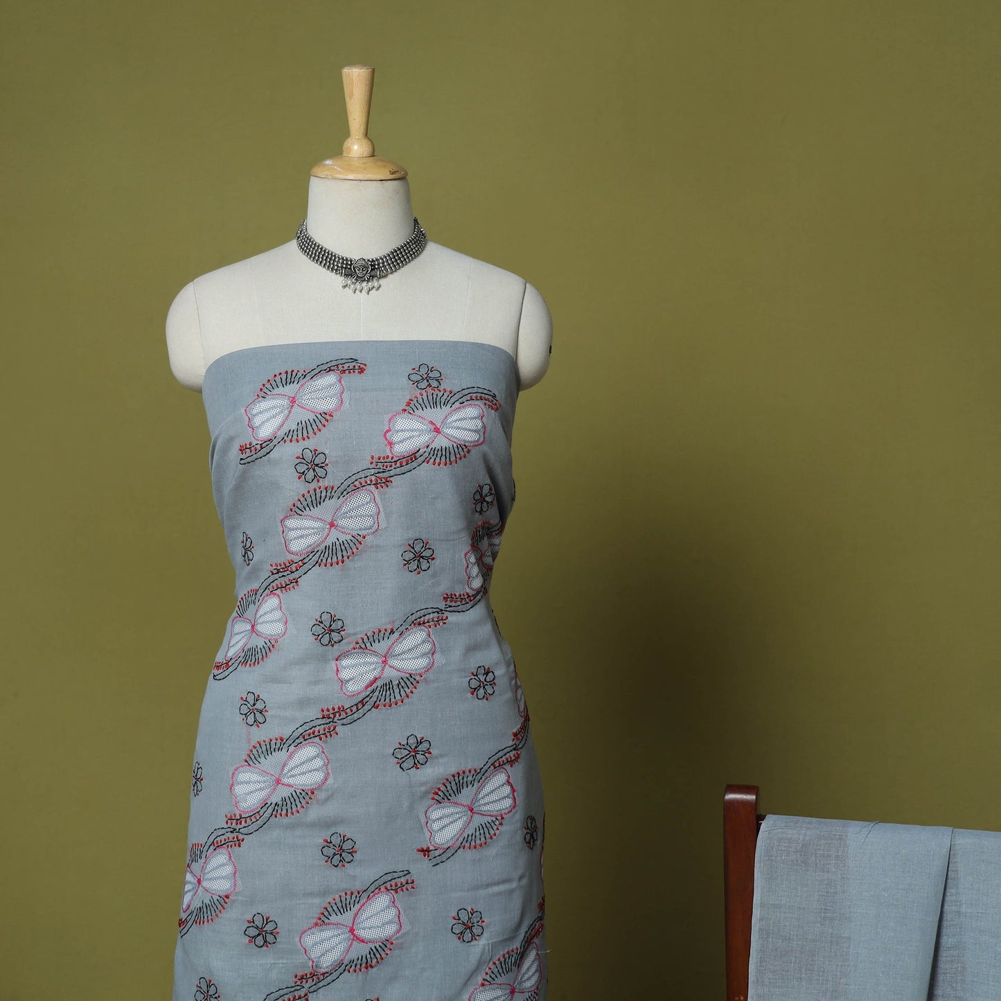 Grey - 3pc hand embroidery cotton lucknow chikankari dress