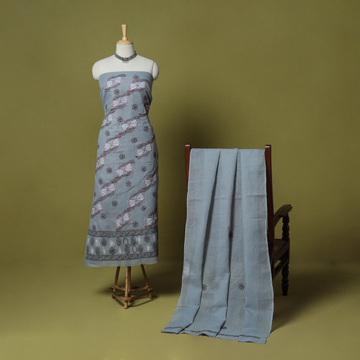 Grey - 3pc hand embroidery cotton lucknow chikankari dress