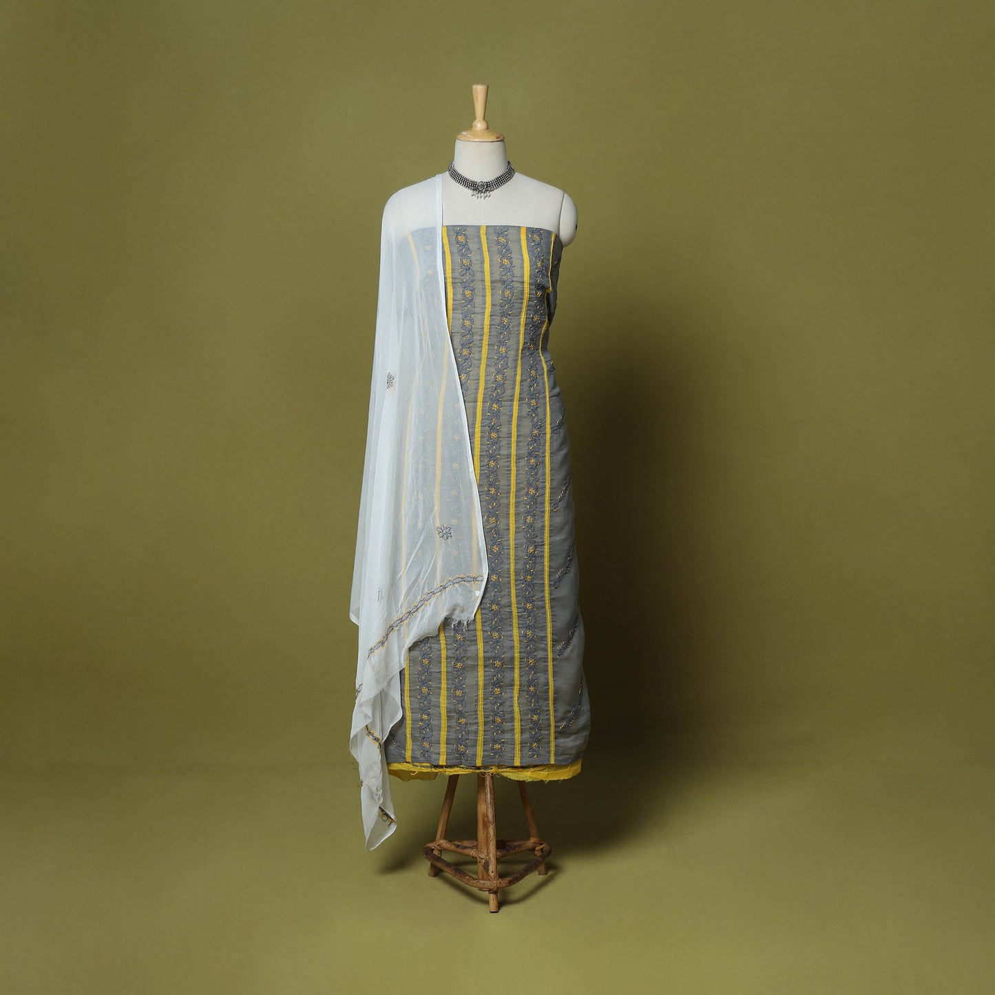 Grey - 3pc hand embroidery cotton lucknow chikankari dress