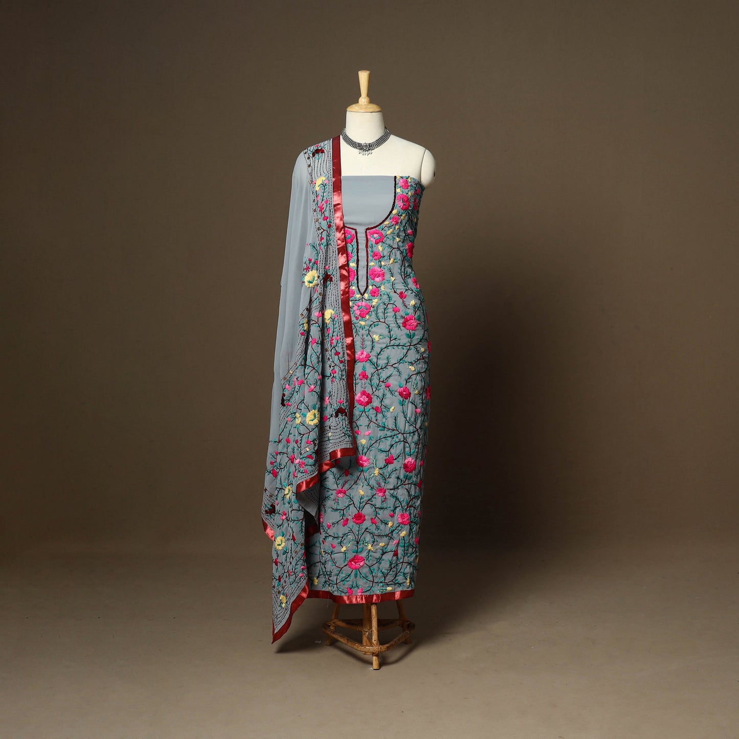 Grey - 3pc hand embroidery georgette unstitched phulkari