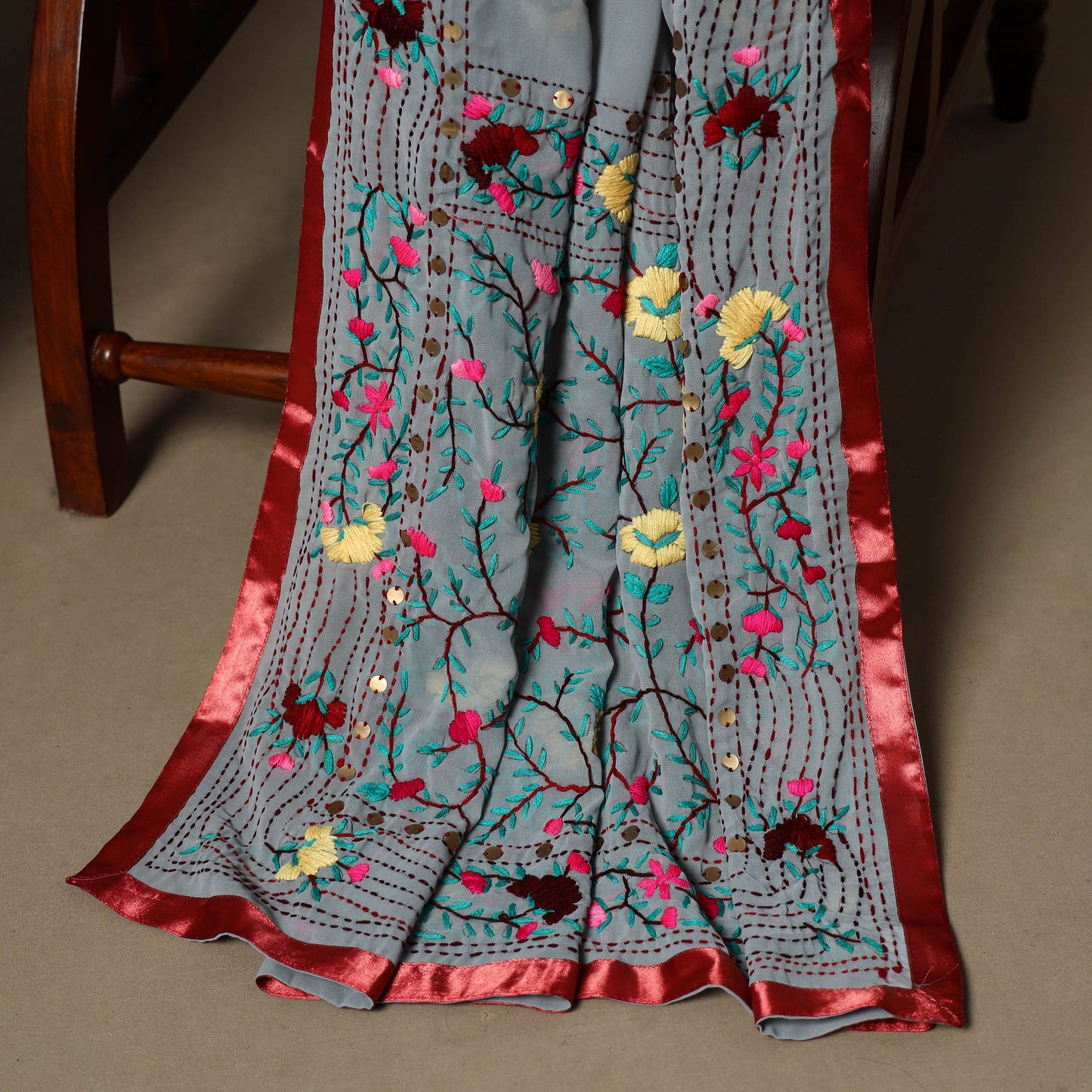 Grey - 3pc hand embroidery georgette unstitched phulkari