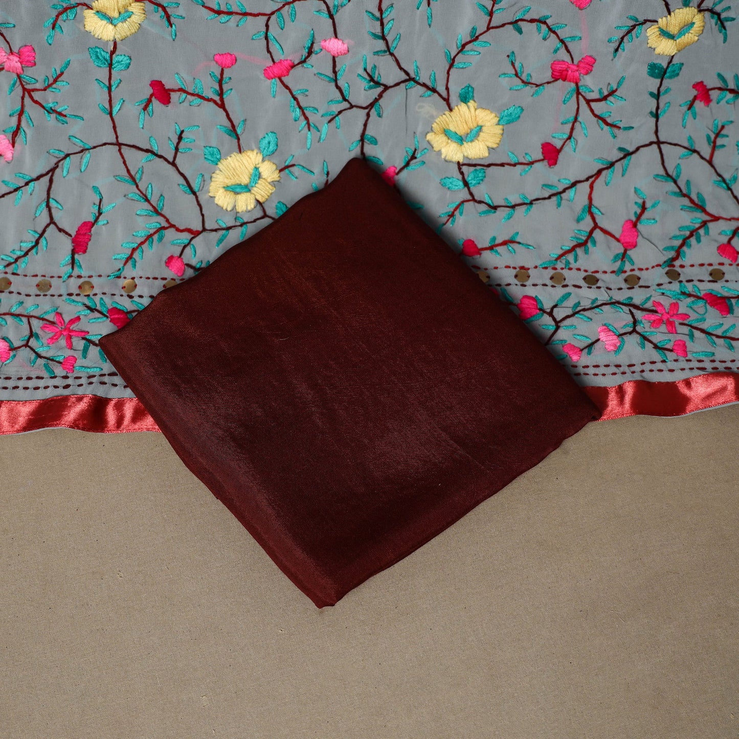 Grey - 3pc hand embroidery georgette unstitched phulkari