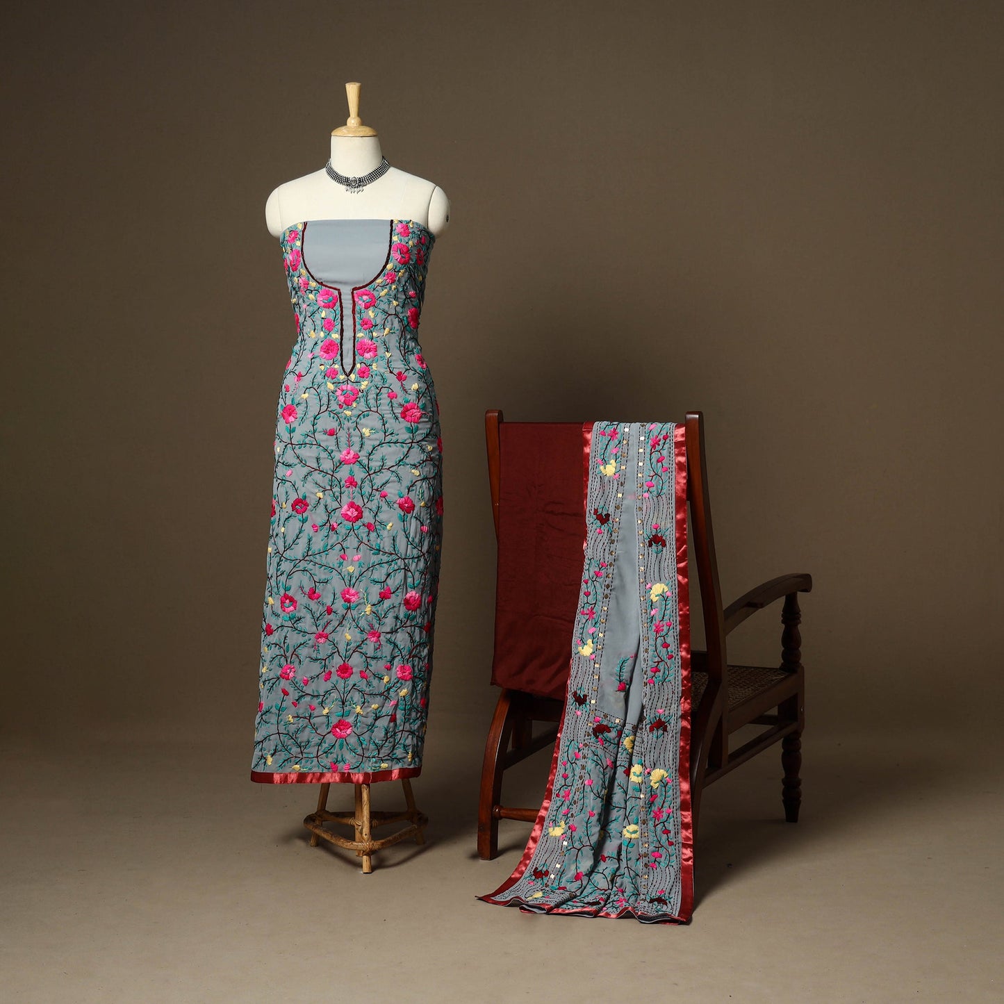 Grey - 3pc hand embroidery georgette unstitched phulkari