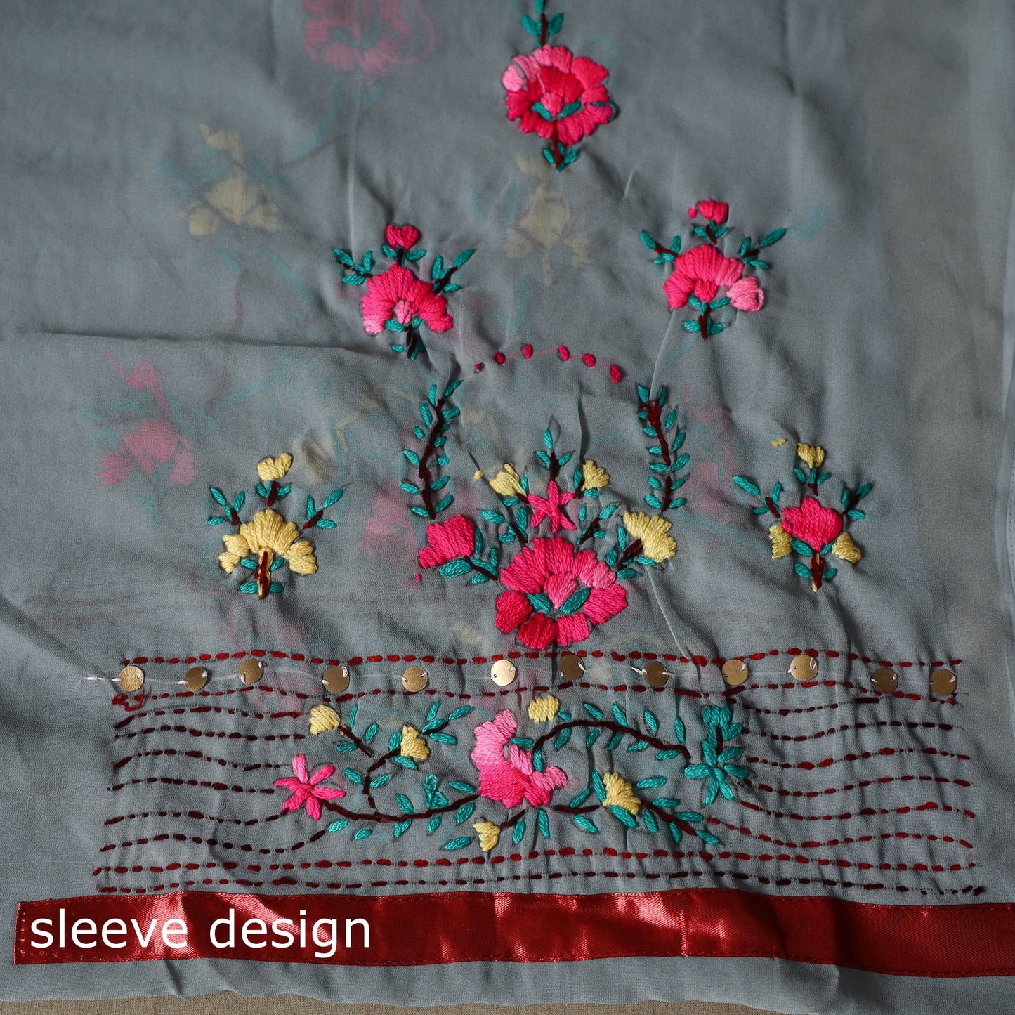 Grey - 3pc hand embroidery georgette unstitched phulkari