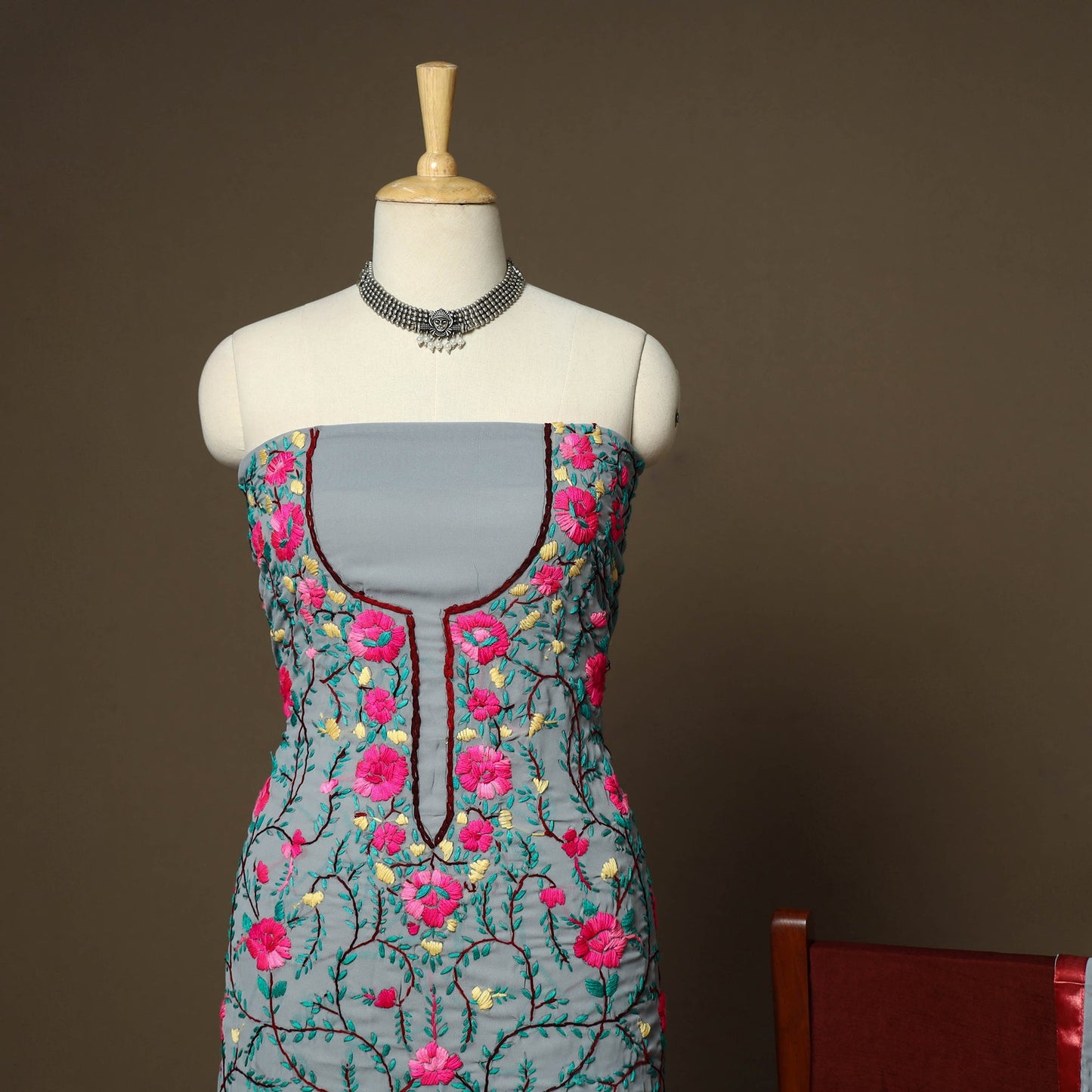 Grey - 3pc hand embroidery georgette unstitched phulkari