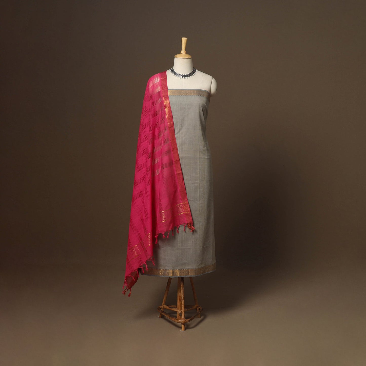 Grey - 3pc handloom cotton unstitched mangalagiri dress