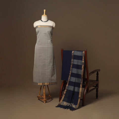 Grey - 3pc handloom cotton unstitched mangalagiri dress