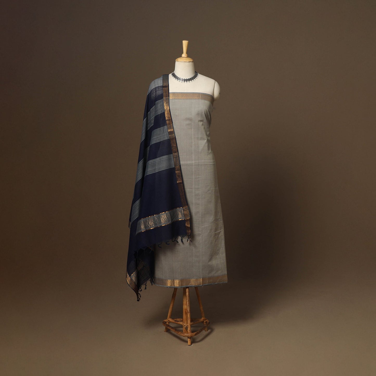 Grey - 3pc handloom cotton unstitched mangalagiri dress